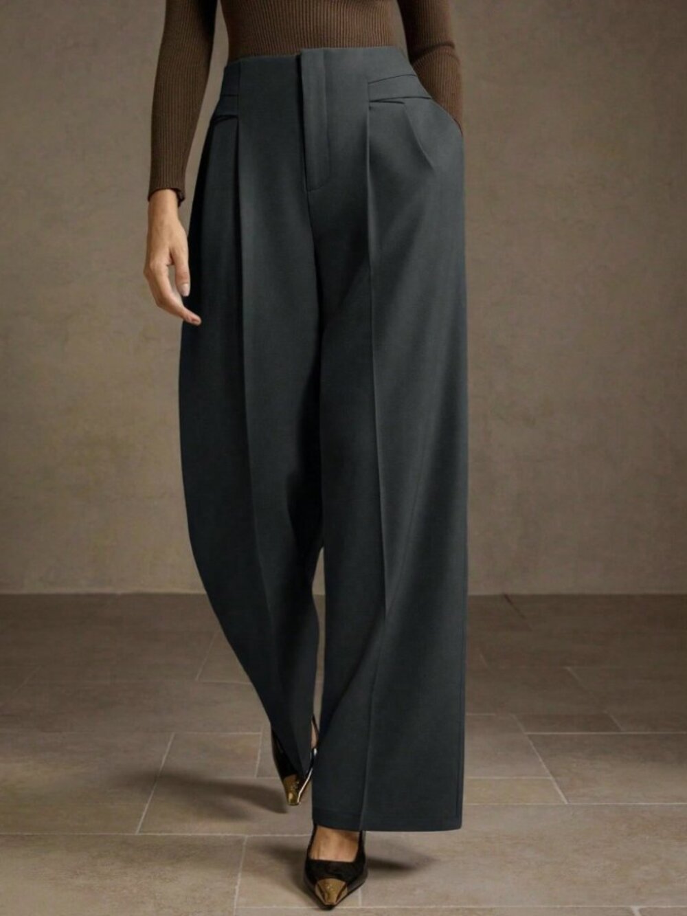 Charcoal Gray Pleated Wide Leg Trousers